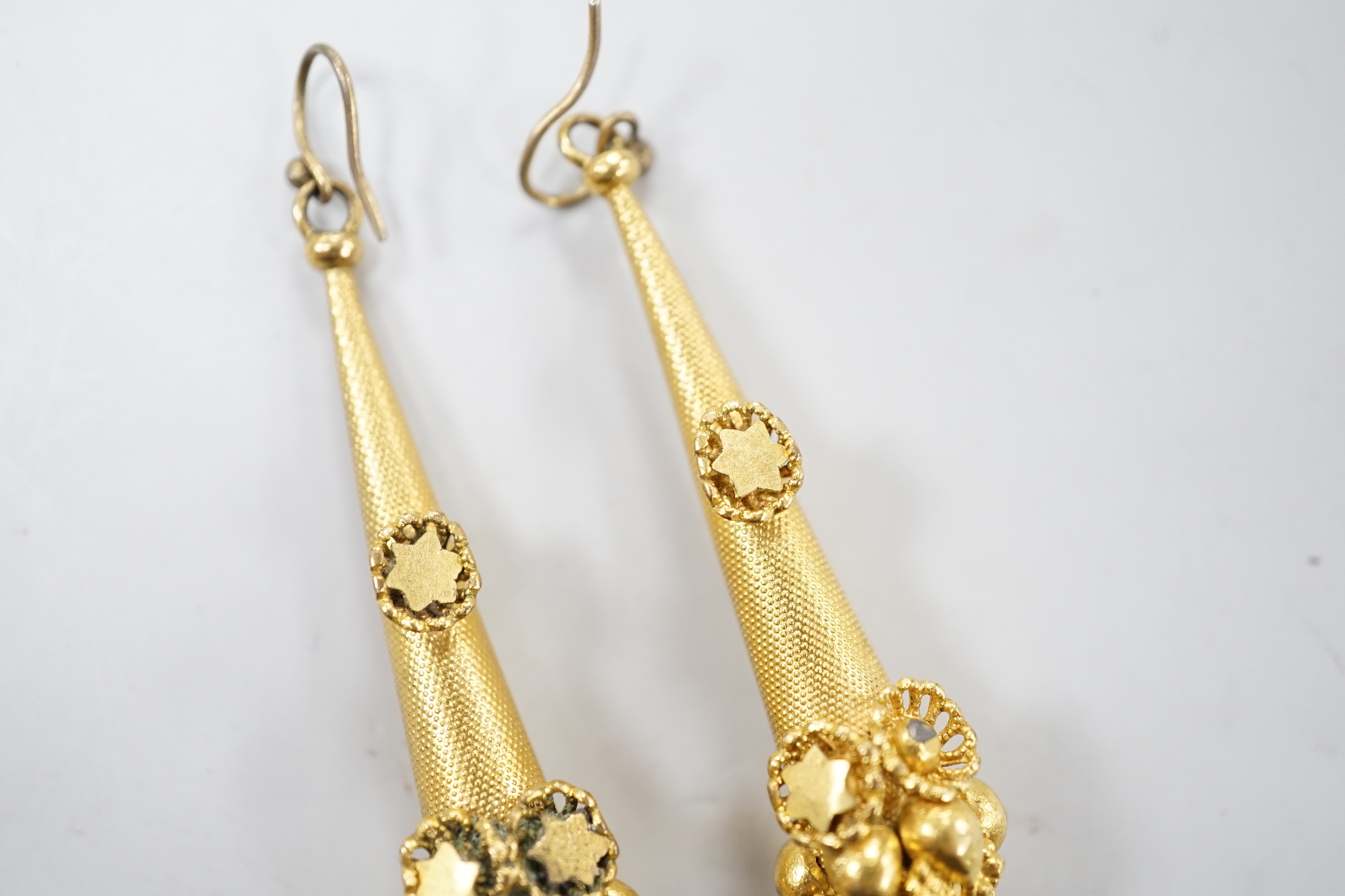 A pair of Victorian yellow metal conical shaped drop earrings, 56mm, gross weight 8.6 grams.